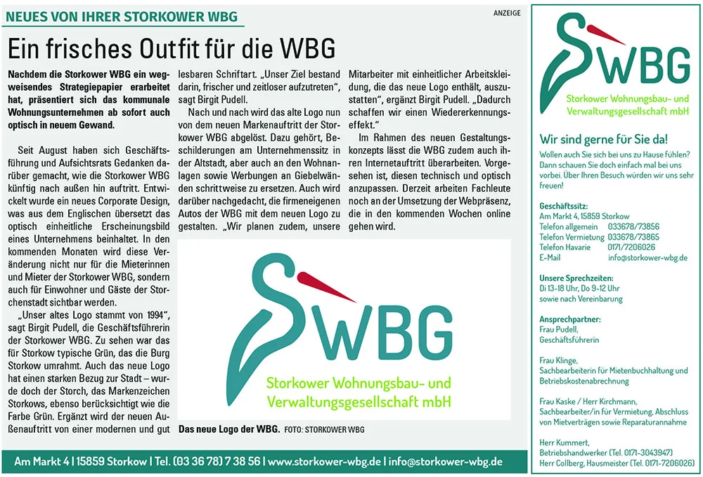 Zeitungsanzeige der Storkower WBG „Ein frisches Outfit für die WBG“ über das neue Logo (Lokalanzeiger, Januar 2019)