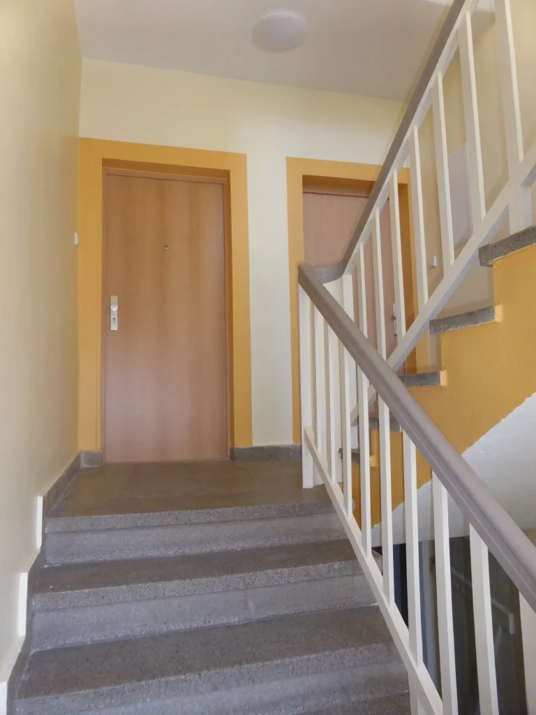 Frisch renoviertes Treppenhaus mit Wohnungstür und Treppe