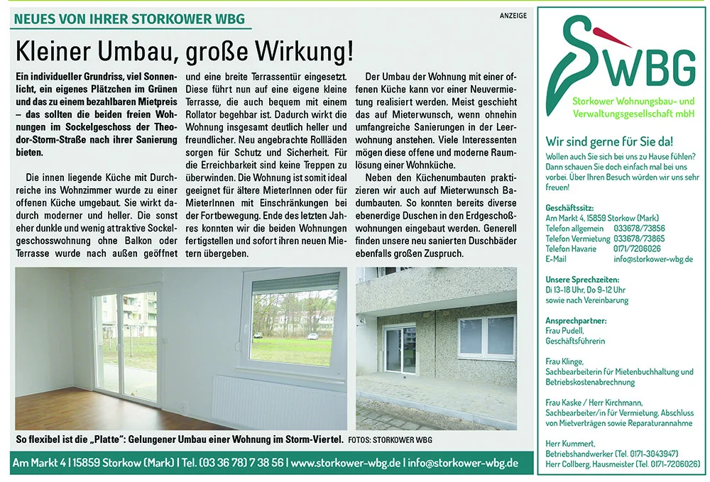 Zeitungsanzeige der Storkower WBG „Kleiner Umbau, große Wirkung“ über sanierte Sockelgeschoss-Wohnungen (Lokalanzeiger, Februar 2019)