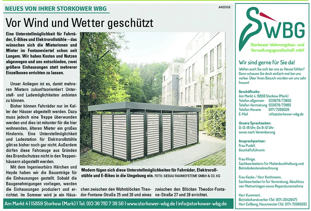 Zeitungsanzeige der Storkower WBG „Vor Wind und Wetter geschützt“ über neue Unterstellmöglichkeiten für Fahrräder und E-Bikes (Lokalanzeiger, März 2019)