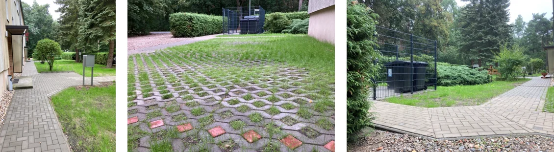 Neu gestaltete Wege, Rasengittersteine und Müllplatz-Einhausung im Wohngebiet