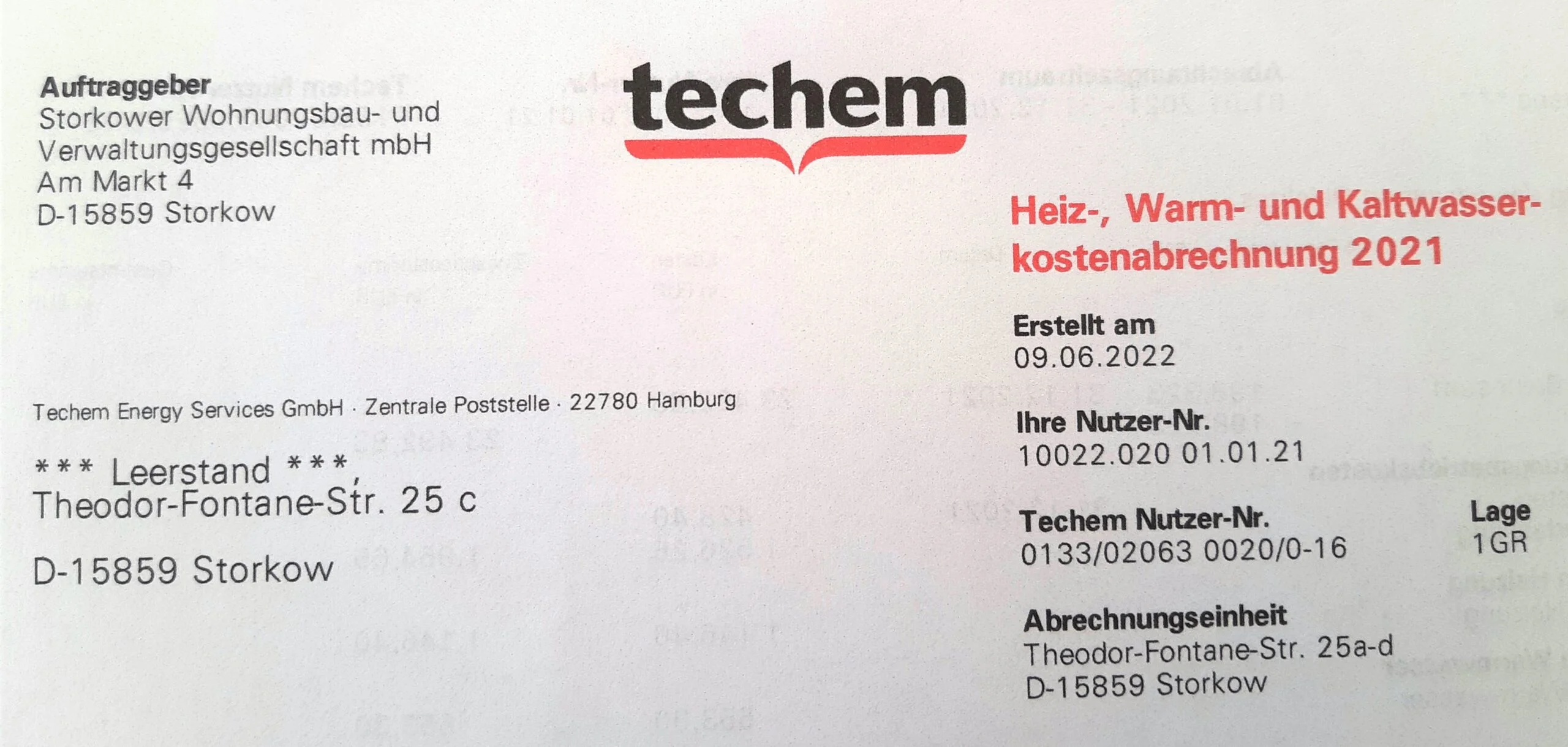 Techem-Heizkostenabrechnung 2021 für eine Wohnung der Storkower WBG