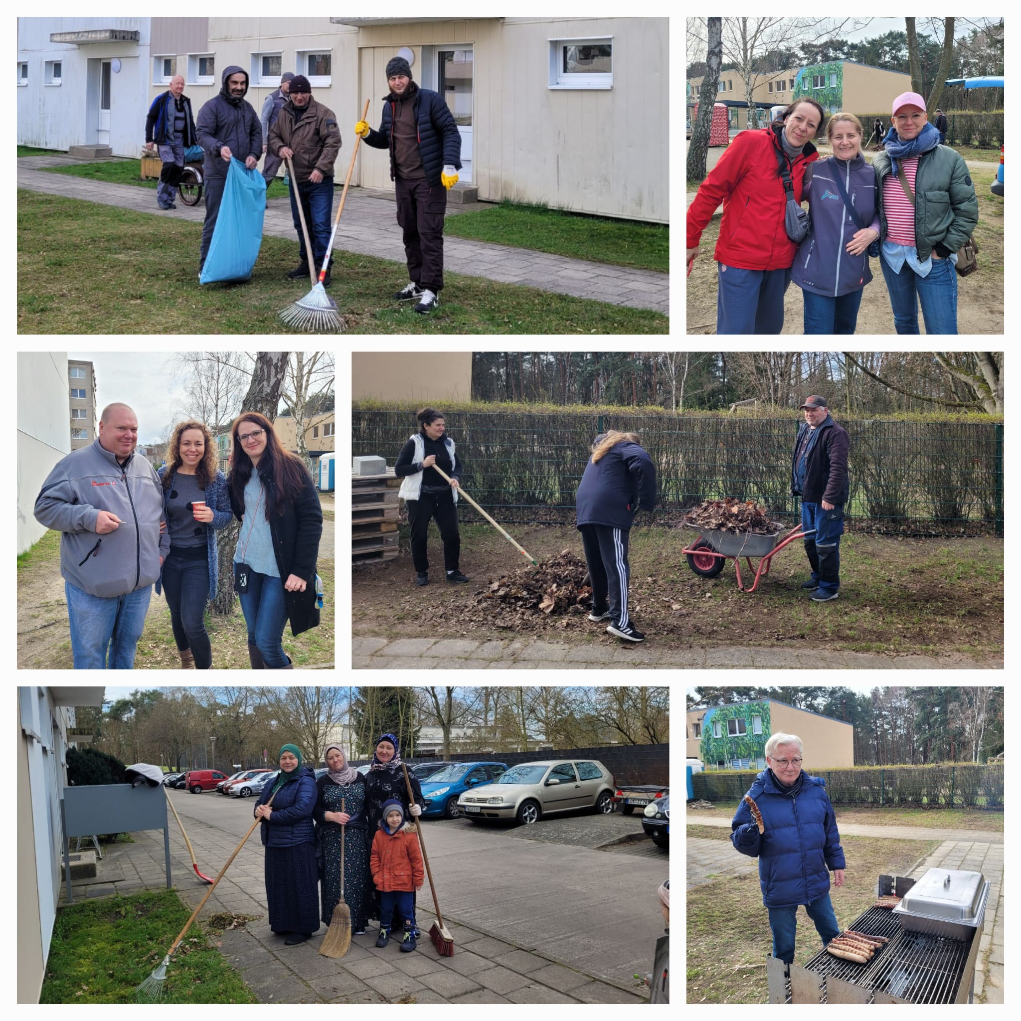 Bildcollage vom Frühjahrsputz im Wohngebiet mit Aufräumarbeiten und gemeinsamem Grillen
